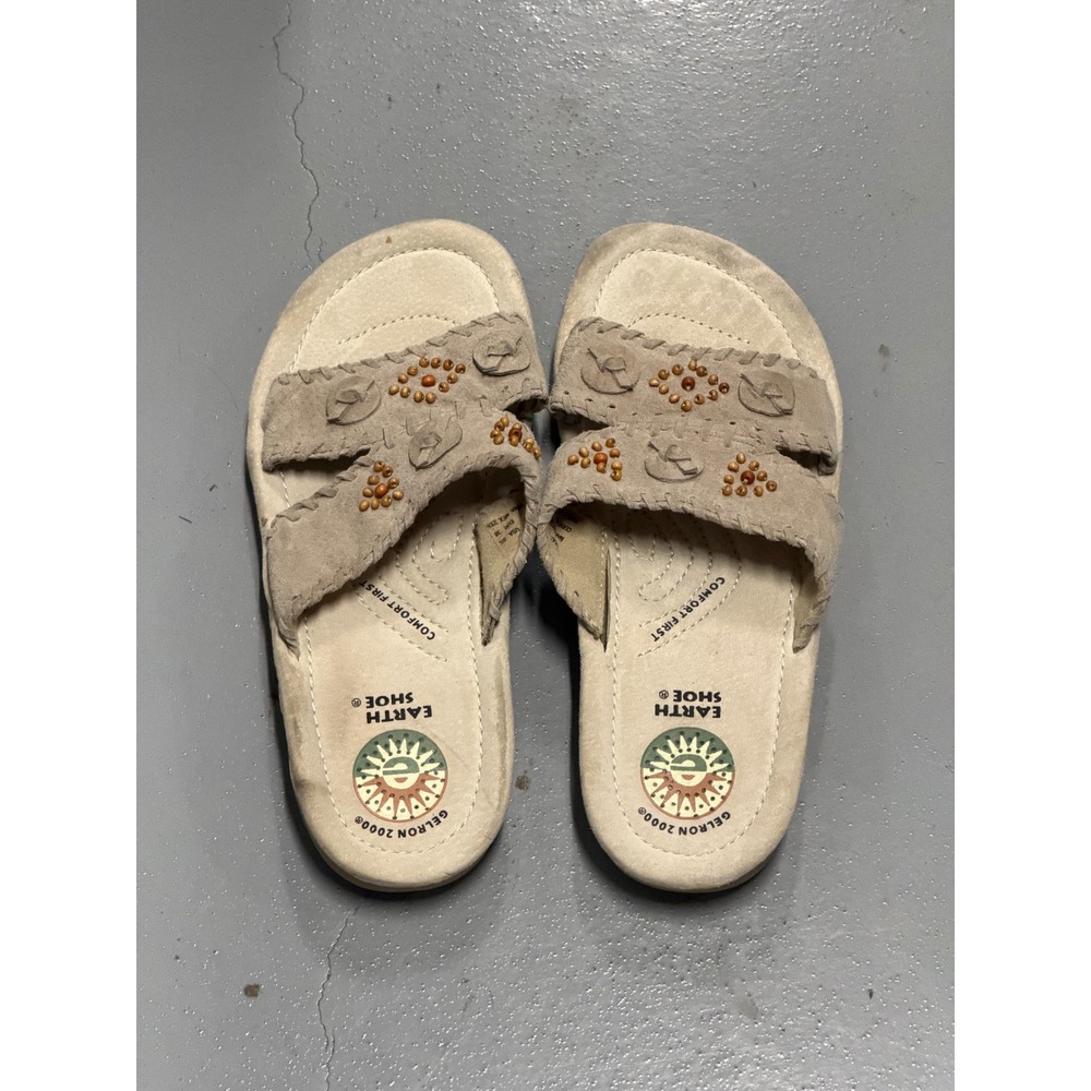 Earth Shoe Gelron 2000 Womens 6.5 Tan Suede Beaded Comfort Slide Sandals Boho